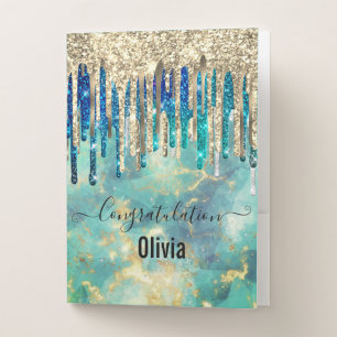 Chic blue turquoise gold glitter drips monogram no pocket folder