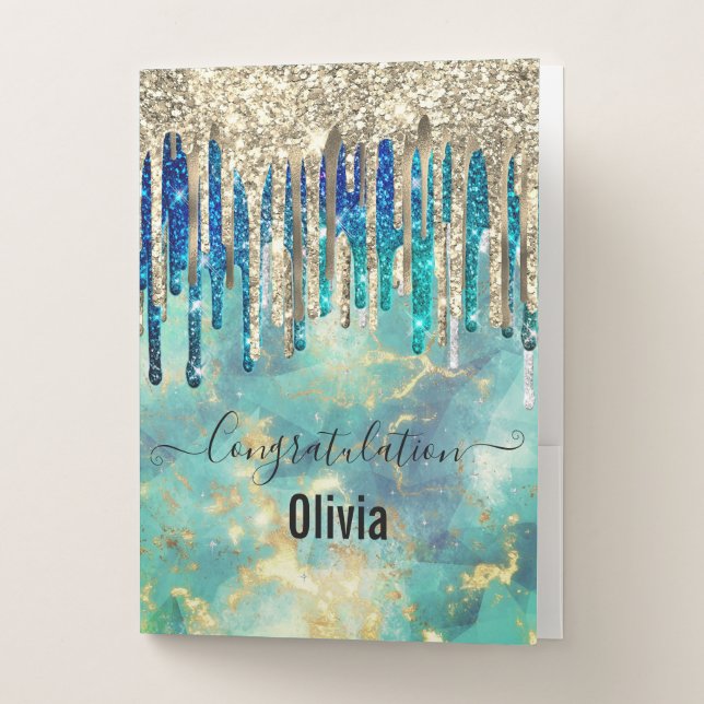 Chic blue turquoise gold glitter drips monogram no pocket folder (Front)