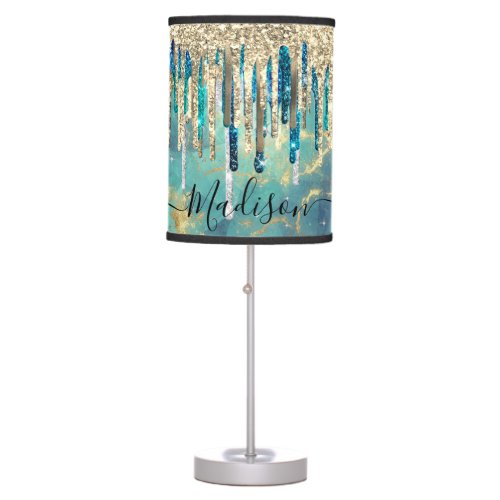 Chic blue turquoise gold glitter drips monogram table lamp