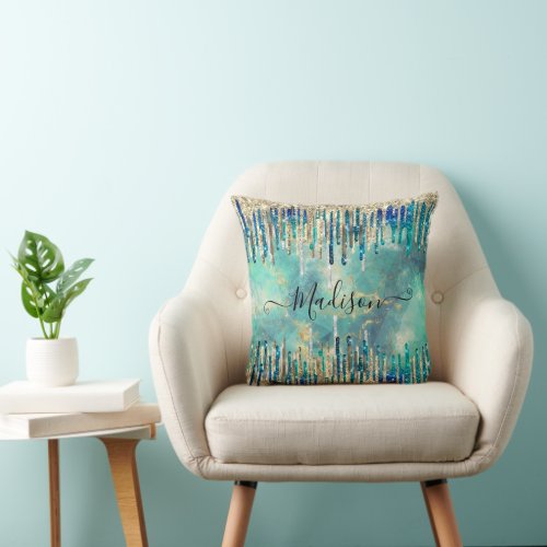 Chic blue turquoise gold glitter drips monogram throw pillow