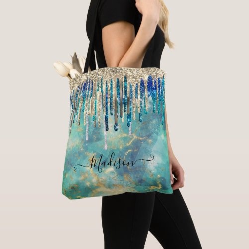 Chic blue turquoise gold glitter drips monogram tote bag