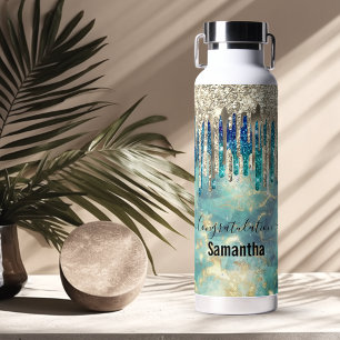 Chic blue turquoise gold glitter drips monogram water bottle