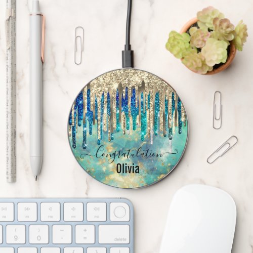 Chic blue turquoise gold glitter drips monogram wireless charger 