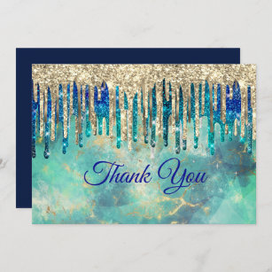 Chic blue turquoise gold glitter drips thank you card