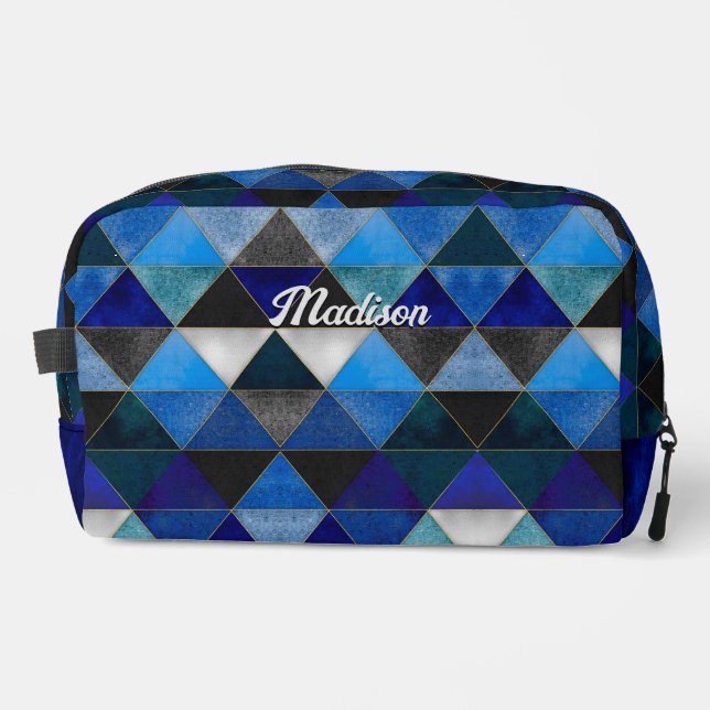 Chic blue turquoise grey geometric dopp kit (Front)