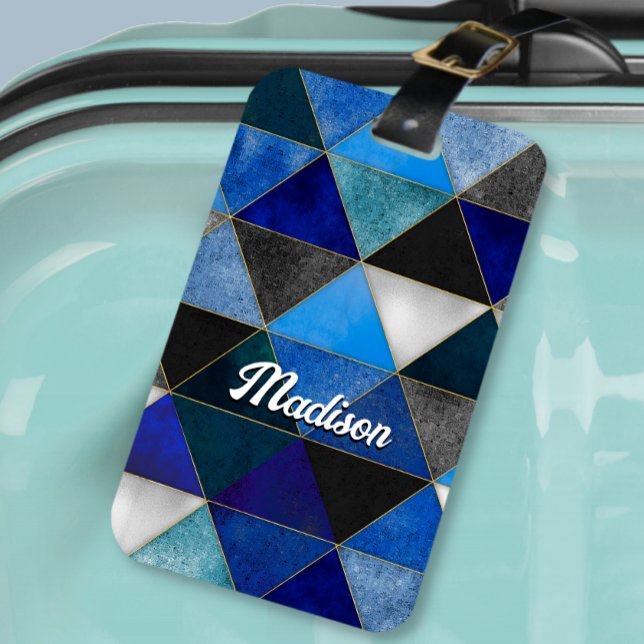 Chic blue turquoise grey geometric  luggage tag (Creator Uploaded)