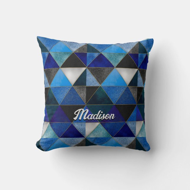 Chic blue turquoise grey geometric throw pillow (Front)