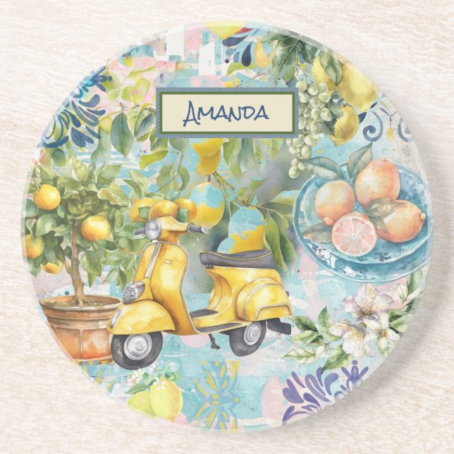 Chic blue turquoise sicilian citrus collage floral coaster (Front)
