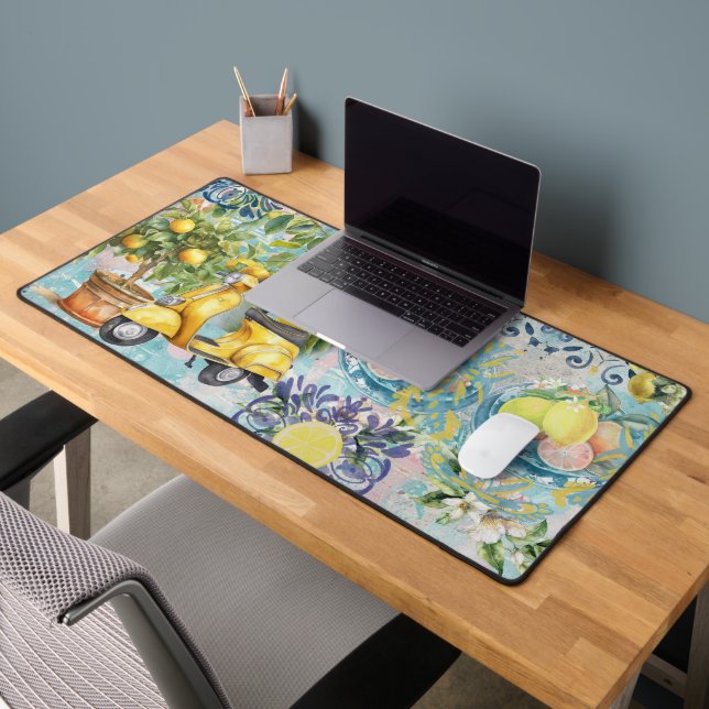 Chic blue turquoise sicilian citrus collage floral desk mat (Office 2)