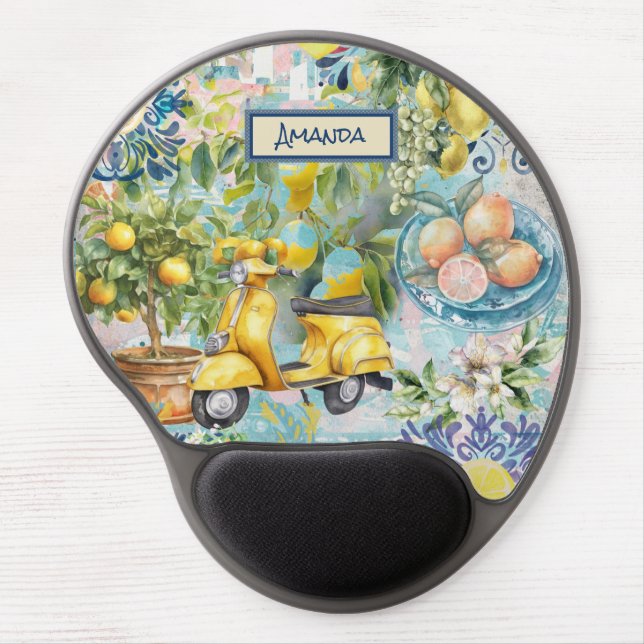 Chic blue turquoise sicilian citrus collage floral gel mouse pad (Front)