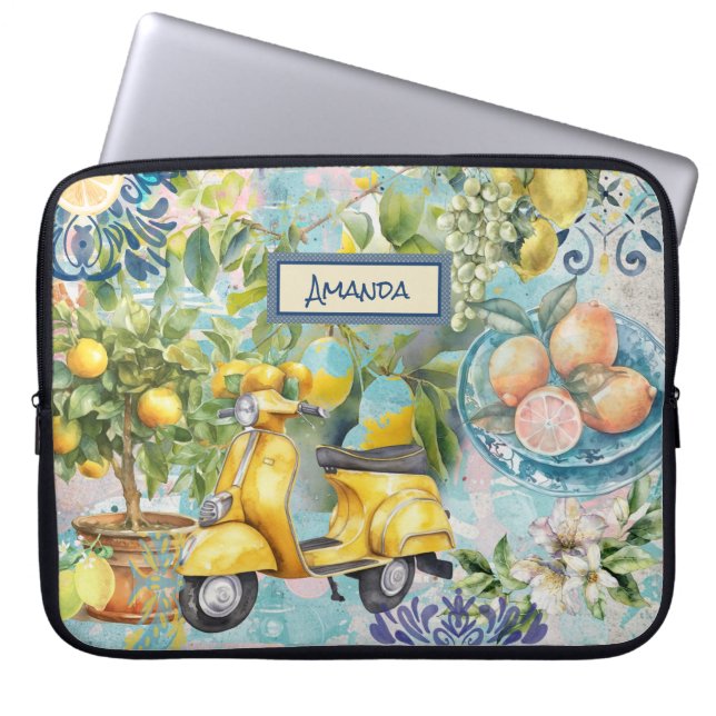 Chic blue turquoise sicilian citrus collage floral laptop sleeve (Front)