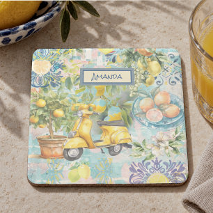 Chic blue turquoise sicilian citrus collage floral stone coaster