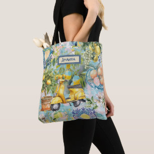 Chic blue turquoise sicilian citrus collage floral tote bag