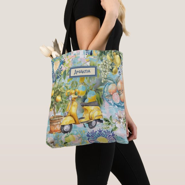 Chic blue turquoise sicilian citrus collage floral tote bag (Close Up)