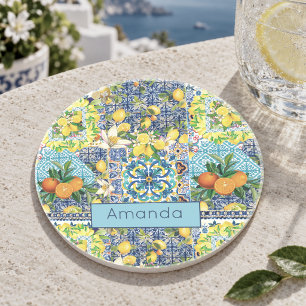 Chic Blue Turquoise Sicilian Citrus Floral Coaster