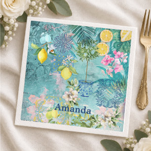Chic Blue Turquoise Sicilian Citrus Floral Napkins