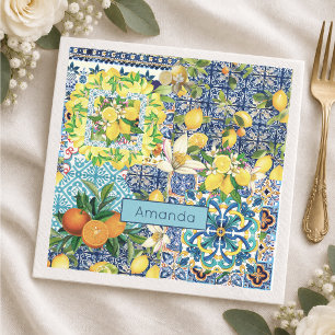Chic Blue Turquoise Sicilian Citrus Floral Tile Napkins