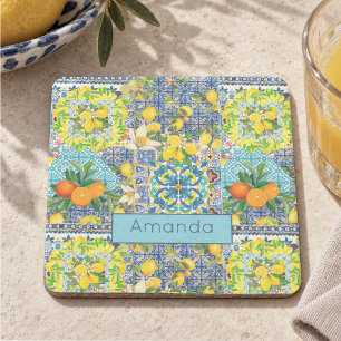 Chic Blue Turquoise Sicilian Citrus Floral Tile Stone Coaster