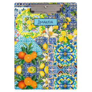 Chic Blue Turquoise Sicilian Citrus Floral Tiles Clipboard