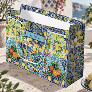 Chic blue turquoise sicilian citrus floral tiles large gift bag