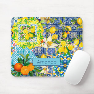 Chic blue turquoise sicilian citrus floral tiles  mouse pad
