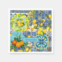 Chic blue turquoise sicilian citrus floral tiles 
