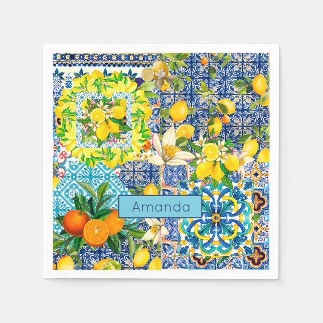 Chic blue turquoise sicilian citrus floral tiles  napkins (Front)