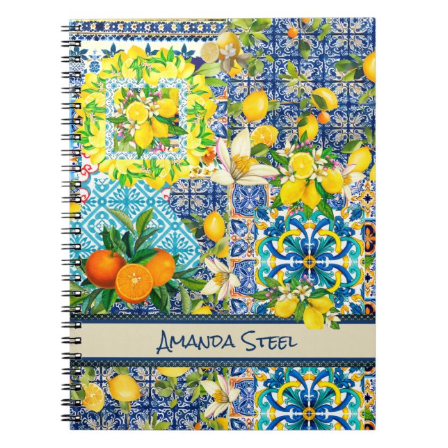 Chic blue turquoise sicilian citrus floral tiles  notebook (Front)