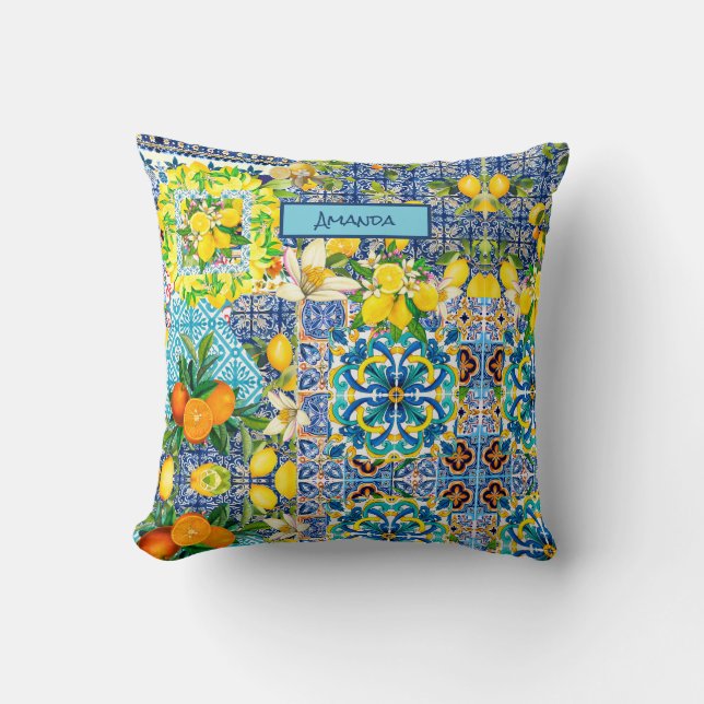 Chic blue turquoise sicilian citrus floral tiles  throw pillow (Front)