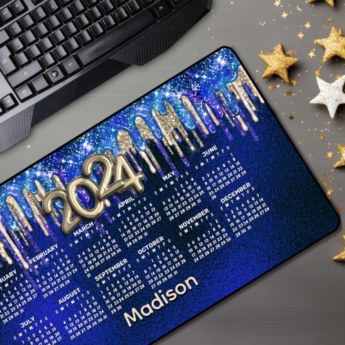 Chic blue unicorn dripping glitter 2024 calendar  desk mat