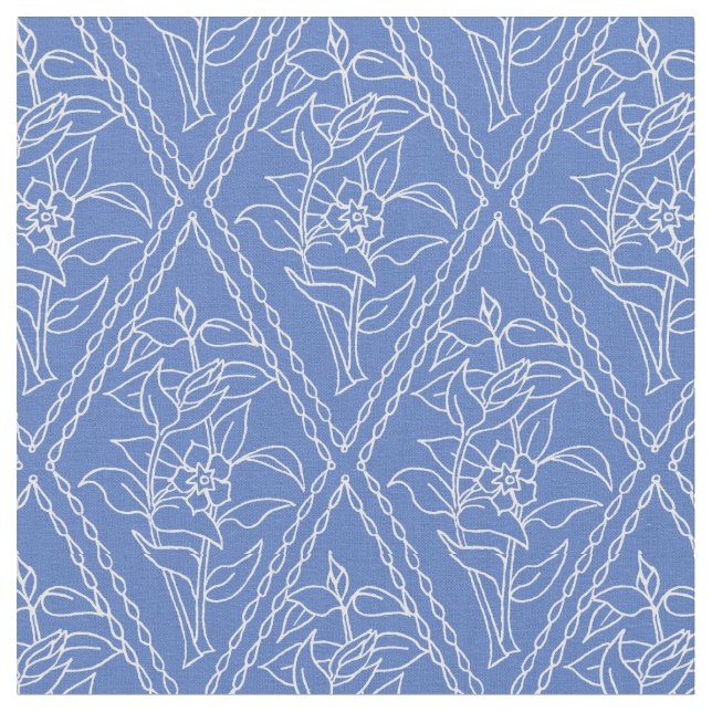 Chic Blue Vintage Periwinkle Floral Pattern Fabric (Close Up)