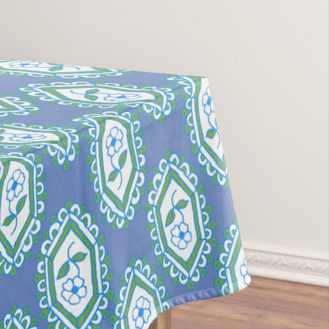 Chic Blue Vintage Periwinkle Floral Pattern Tablecloth (In Situ)