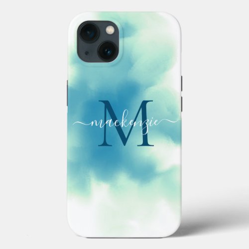 Chic Blue Watercolor Abstract Monogrammed iPhone 13 Case