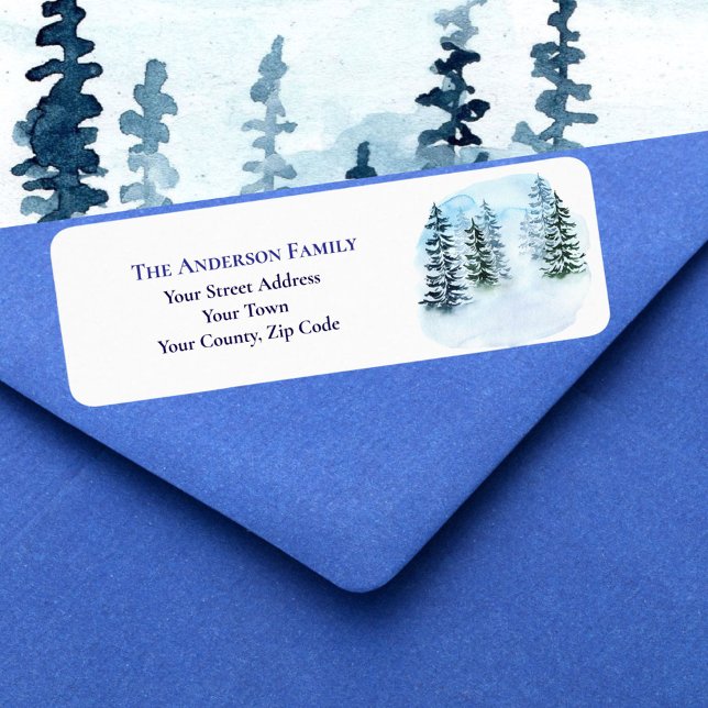 Chic Blue Watercolor Christmas Trees Name Address Label (Creator Uploaded)