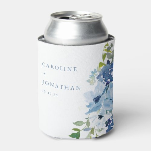 Chic Blue Watercolor Floral Custom Wedding  Can Cooler