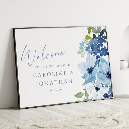 Chic Blue Watercolor Floral Custom Wedding Welcome Poster