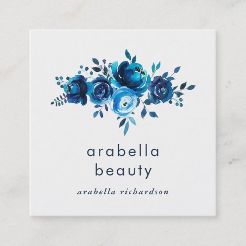 Chic Blue Watercolor Floral  Social Media Icons Square Business Card