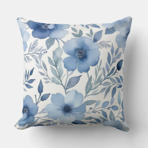 Chic Blue Watercolor Floral Throw Pillow