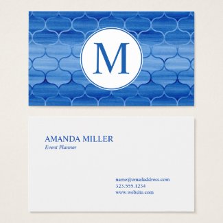 Chic Blue Watercolor Ogee Pattern with Monogram Business Card