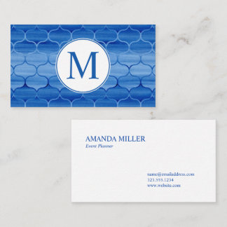 Chic Blue Watercolor Ogee Pattern with Monogram Business Card