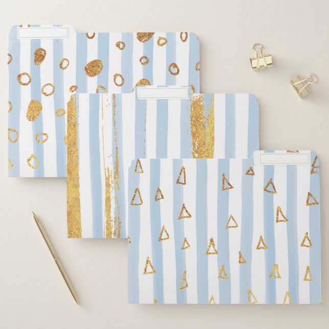 Chic Blue Watercolor Paint Stripes Gold Shapes File Folder (Set)