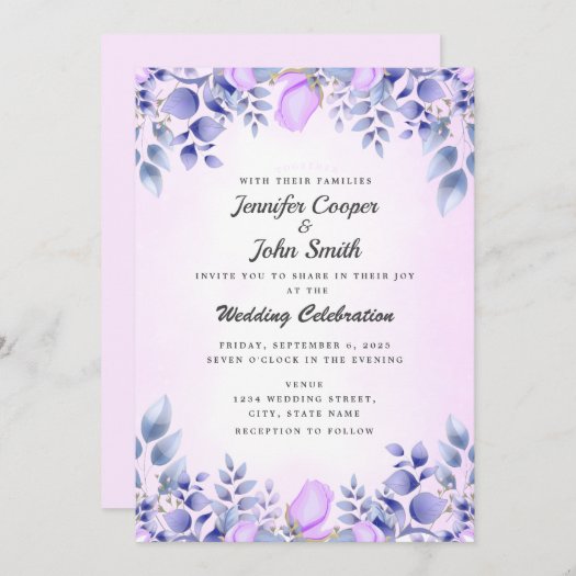 Chic Blue Watercolor Pink Roses Wedding Invitation