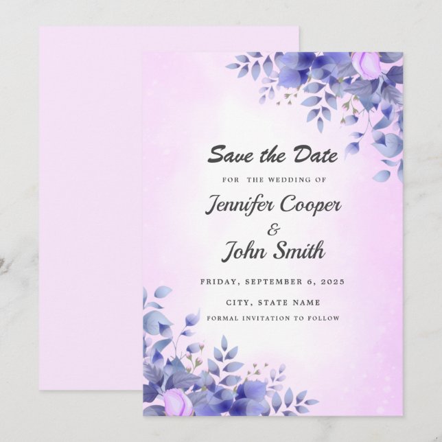 Chic Blue Watercolor Pink Roses Wedding Save The Date (Front/Back)