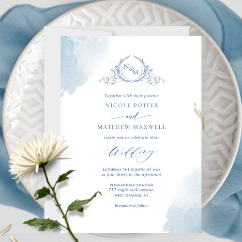 Chic Blue Watercolor Stains Monogram Wedding Invitation