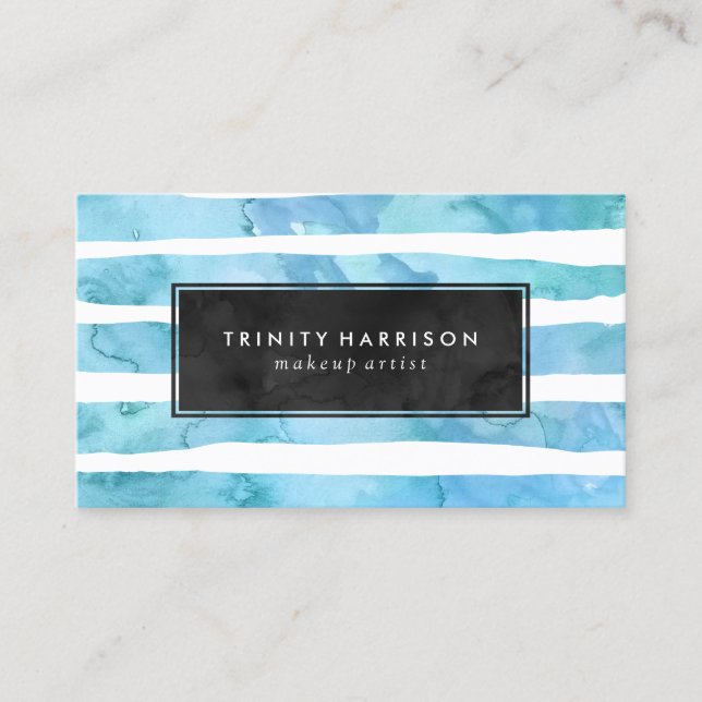 Chic Blue Watercolor Stripes | Chalkboard Business Card (Front)