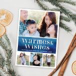 Chic Blue Watercolor Warm Wishes Christmas Photo Holiday Card<br><div class="desc">This holiday photo card features a handy layout that offers four photos,  one large horizontal and three small square. The design features a deep blue watercolor background with white text that reads "warmest wishes". This design would be a perfect opportunity to show off those warm weather vacation photos.</div>