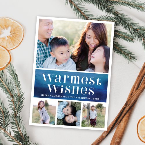Chic Blue Watercolor Warm Wishes Christmas Photo Holiday Card