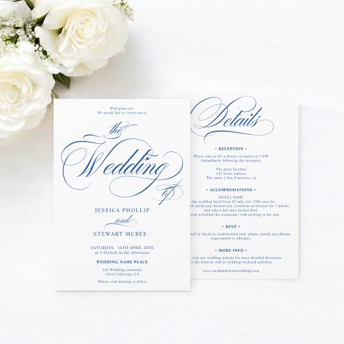 Chic blue white all in one calligraphy wedding  invitation