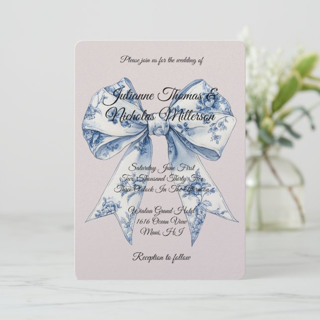 Chic Blue White Bow Blush Pink Wedding Invitation (Standing Front)