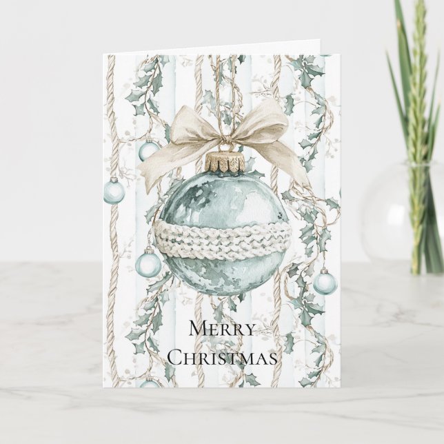 Chic Blue White Bow Ornament Card (Front)